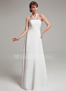 Keizer Halter Vloerlengte Chiffon Satijnzijde Bruidsjurken met Roes (002011992)