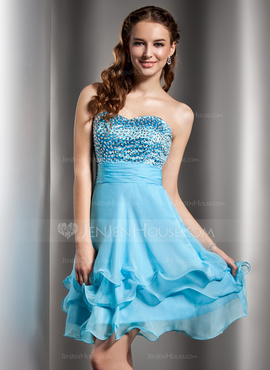 A-Line/Princess Sweetheart Knee-Length Chiffon Charmeuse Homecoming Dress With Beading Sequins (022020682)