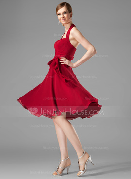 A-Line/Principessa Anello Al ginocchio Chiffon Abito da damigella con Increspature (007001816)