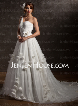 Ball-Gown One-Shoulder Court Train Satin Tulle Wedding Dress With Ruffle Lace Beadwork Flower(s) (002006373)