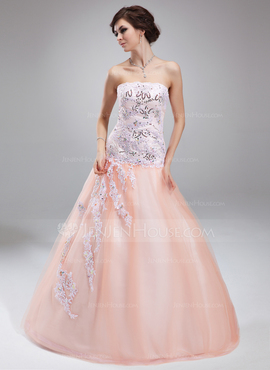 Ball-Gown Strapless Floor-Length Satin Tulle Quinceanera Dress With Lace Beading Sequins (021020824)