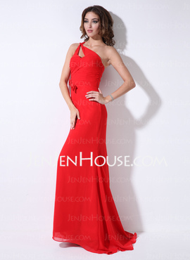 Sheath One-Shoulder Sweep Train Chiffon Prom Dress With Ruffle (018022543)