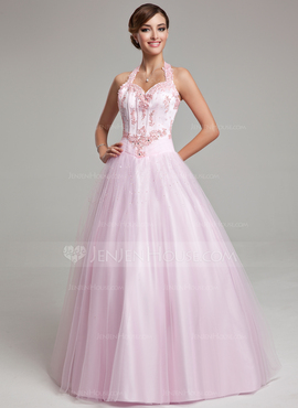 Ball-Gown Halter Floor-Length Tulle Quinceanera Dress With Lace Beading (021020615)