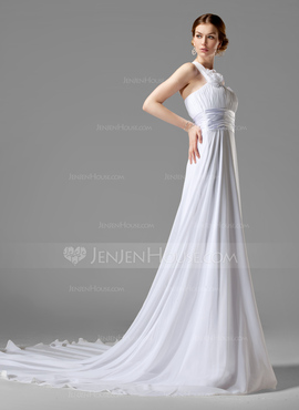 Empire One-Shoulder Chapel Train Chiffon Charmeuse Wedding Dress With Ruffle Flower(s) (002000447)