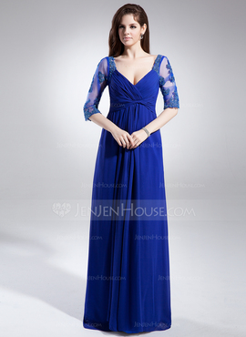 A-Line/Princess V-neck Floor-Length Chiffon Tulle Mother of the Bride Dress With Ruffle Lace Beading (008006046)