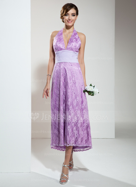 A-Line/Princess Halter Asymmetrical Chiffon Lace Bridesmaid Dress With Ruffle Beading (007001135)