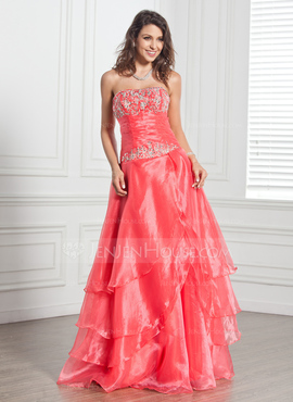 A-Line/Princess Strapless Floor-Length Organza Quinceanera Dress With Embroidered Ruffle Beading Sequins (021020694)