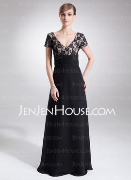 A-Line/Princess V-neck Floor-Length Chiffon Charmeuse Lace Mother of the Bride Dress With Ruffle Beading (008005673)