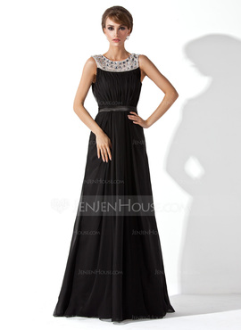 A-Line/Princess Scoop Neck Floor-Length Chiffon Tulle Evening Dress With Ruffle Beading (017020923)