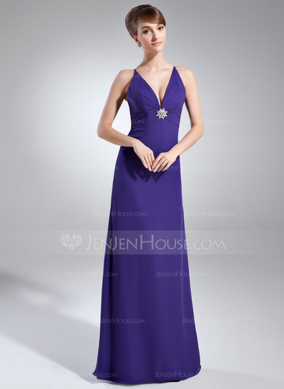 Sheath V-neck Floor-Length Chiffon Holiday Dress With Ruffle Crystal Brooch (020003308)