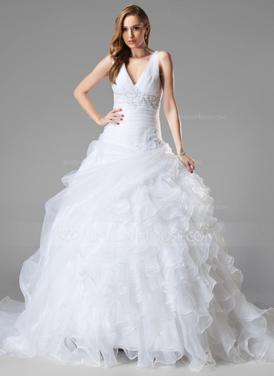 Ball-Gown V-neck Chapel Train Organza Satin Wedding Dress With Ruffle Lace Beadwork Sequins (002004781)
