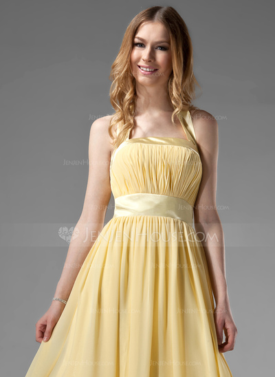 Vestidos princesa/ Formato A Frente única Comprimento de chá Chifon Charmeuse Vestido de madrinha com Pregueado (007000956)