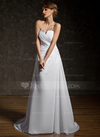 A-Line/Princess V-neck Chapel Train Chiffon Wedding Dress With Ruffle Lace Beadwork (002011408)