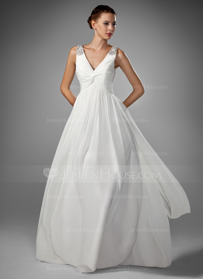 A-Line/Princess V-neck Floor-Length Chiffon Wedding Dress With Ruffle Beadwork (002005176)