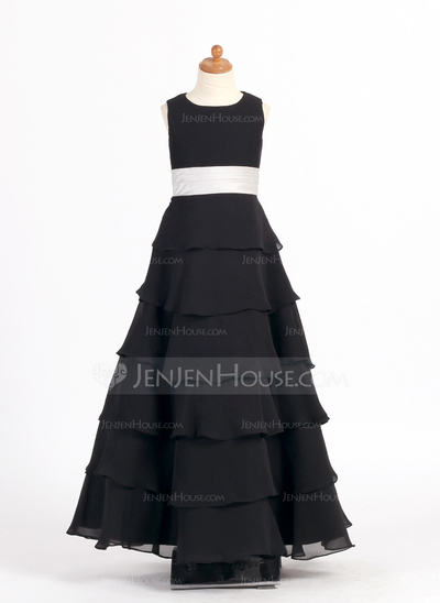 A-Line/Princess Scoop Neck Floor-Length Chiffon Charmeuse Flower Girl Dress With Sash Flower(s) (010002146)