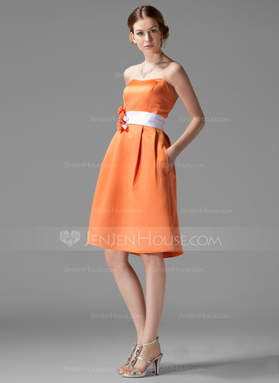 Vestidos princesa/ Formato A Coração Na altura do joelho cetim Vestido de madrinha com faixa fecho de correr (007000928)