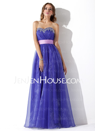 Vestidos princesa/ Formato A Coração Vestidos longo Organza Vestidos de baile com Pregueado Cinto Bordado (018005050)