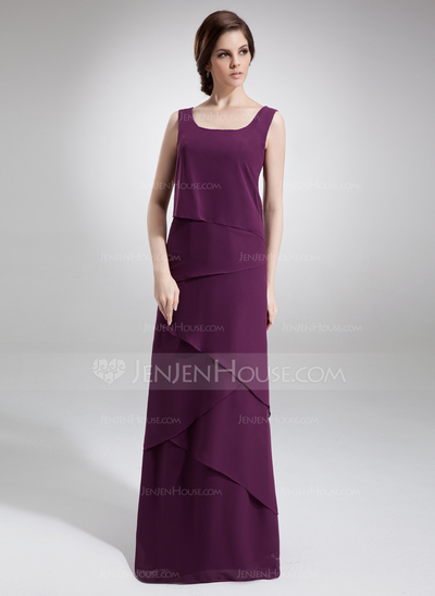 Sheath Scoop Neck Floor-Length Chiffon Mother of the Bride Dress With Beading (008006140)