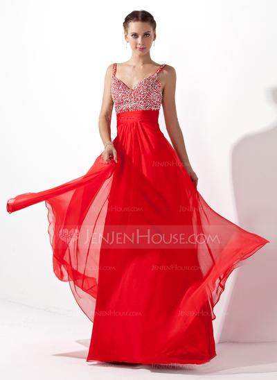 A-Line/Princess V-neck Floor-Length Chiffon Prom Dress With Ruffle Beading Sequins (018005105)