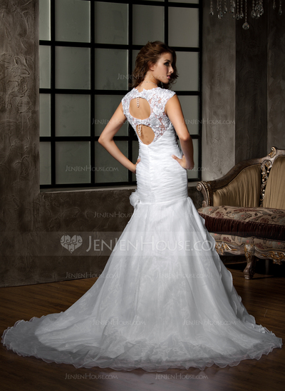 A-Line/Princess V-neck Court Train Organza Wedding Dress With Ruffle Lace Beadwork Flower(s) (002011399)
