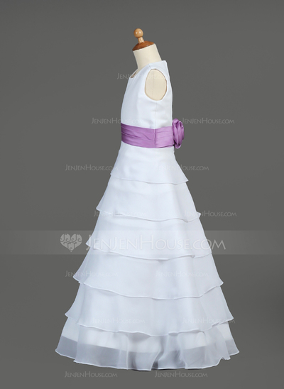 A-Line/Princess Scoop Neck Floor-Length Chiffon Charmeuse Flower Girl Dress With Sash Flower(s) (010002146)