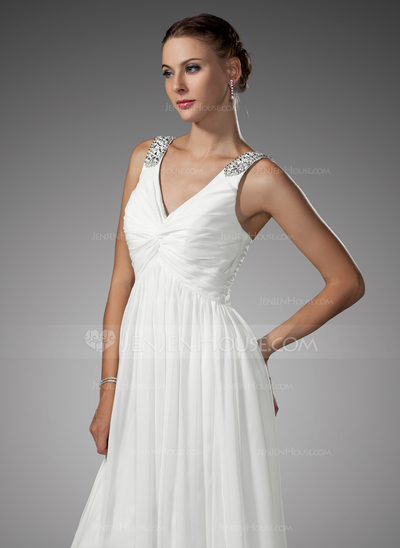A-Line/Princess V-neck Floor-Length Chiffon Wedding Dress With Ruffle Beadwork (002005176)
