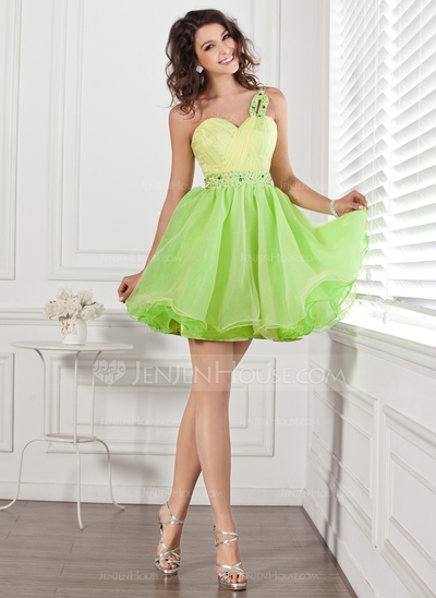 Vestidos princesa/ Formato A Um ombro Curto/ Mini Organza Vestidos de boas vindas com Pregueado Bordado (022020894)