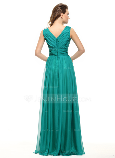 A-Line/Princess V-neck Floor-Length Chiffon Holiday Dress With Ruffle Beading (020016061)