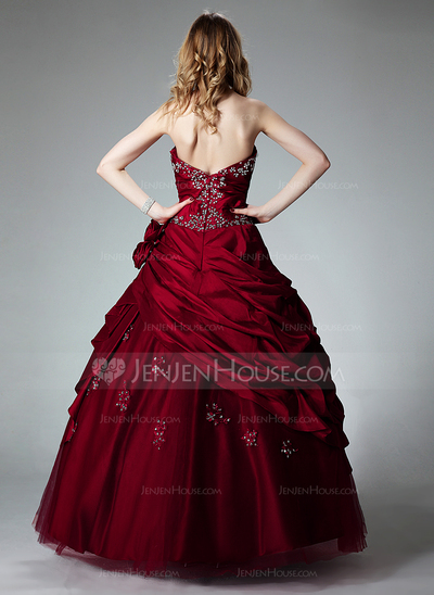 Ball-Gown Strapless Floor-Length Taffeta Quinceanera Dress With Ruffle Lace Beading Flower(s) Sequins (021002909)