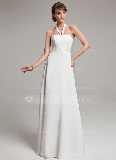 Keizer Halter Vloerlengte Chiffon Satijnzijde Bruidsjurken met Roes (002011992)
