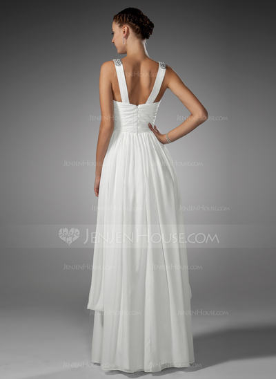 A-Line/Princess V-neck Floor-Length Chiffon Wedding Dress With Ruffle Beadwork (002005176)