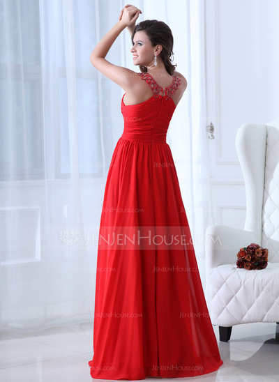 A-Line/Princess Scoop Neck Floor-Length Chiffon Holiday Dress With Ruffle Beading (020017361)