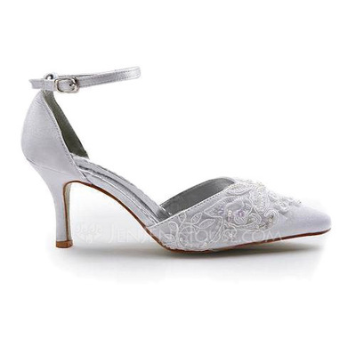 Lace Satin Stiletto Heel Closed Toe Pumps Wedding Shoes With Buckle Stitching Lace (047005036)