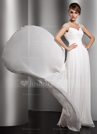 A-Line/Princess V-neck Watteau Train Chiffon Evening Dress With Ruffle Beading (017005601)