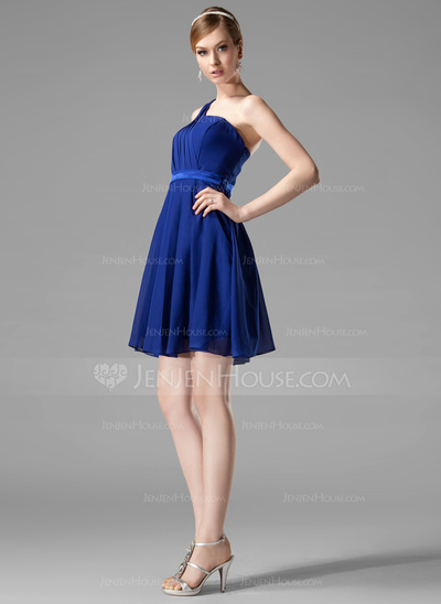 A-Line/Princess One-Shoulder Short/Mini Chiffon Charmeuse Bridesmaid Dress With Ruffle (007000777)