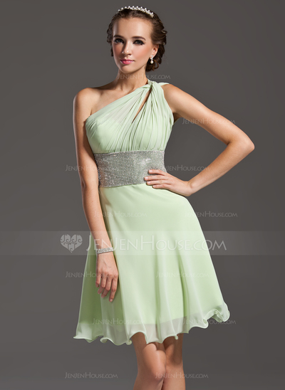 A-Line/Princess One-Shoulder Short/Mini Chiffon Homecoming Dress With Ruffle Beading (022020829)