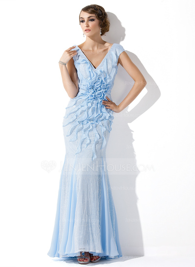 Havfrue V-hals Gulv lengde Chiffon Palliet-belagt Ballkjole med Profilering Blomst(er) (018024292)