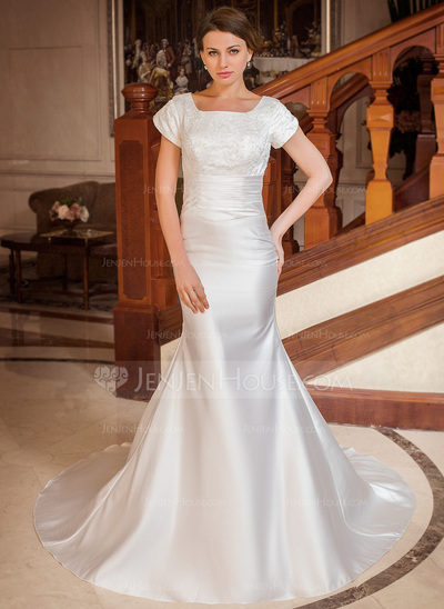 Mermaid Square Neckline Chapel Train Satin Wedding Dress With Ruffle Lace Beadwork (002001668)