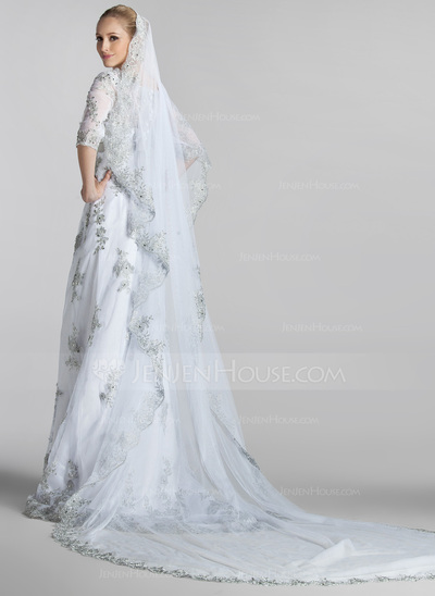A-Line/Princess V-neck Court Train Satin Lace Wedding Dress With Sashes Beadwork Sequins (002004151)