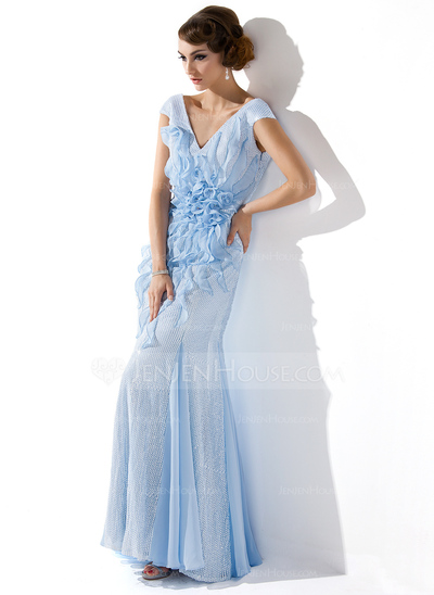 Havfrue V-hals Gulv lengde Chiffon Palliet-belagt Ballkjole med Profilering Blomst(er) (018024292)