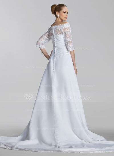 A-Line/Princess Off-the-Shoulder Court Train Chiffon Lace Wedding Dress With Beadwork Sequins (002004524)