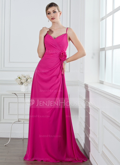 A-Line/Princess V-neck Floor-Length Chiffon Bridesmaid Dress With Ruffle Flower(s) (007004269)