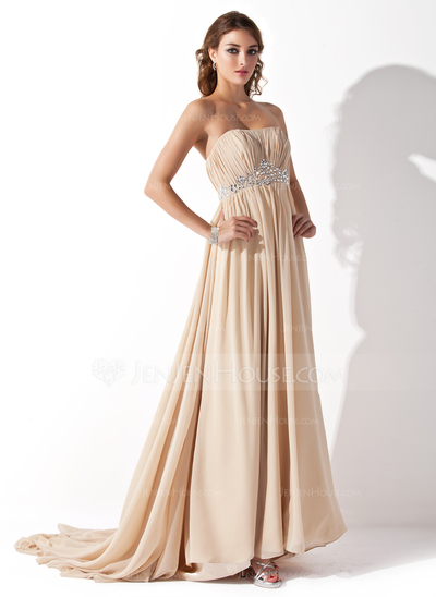 Empire Strapless Court Train Chiffon Wedding Dress With Ruffle Beadwork (002000454)