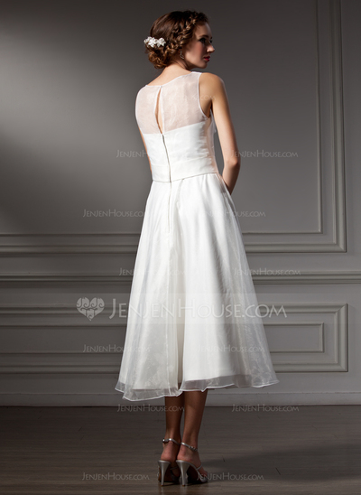 A-Line/Princess Scoop Neck Tea-Length Organza Satin Wedding Dress With Sashes Flower(s) (002021079)