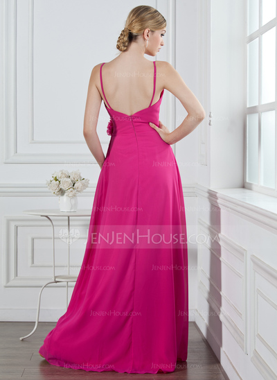 A-Line/Princess V-neck Floor-Length Chiffon Bridesmaid Dress With Ruffle Flower(s) (007004269)
