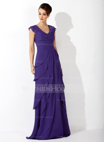Vestidos princesa/ Formato A Decote V Cauda vassoura Chiffon Vestido de festa com Pregueado (017020663)