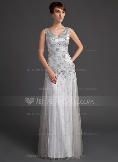 A-Line/Princess V-neck Floor-Length Tulle Charmeuse Mother of the Bride Dress With Lace Beading Sequins (008005647)