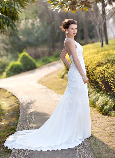 Sheath/Column V-neck Chapel Train Chiffon Wedding Dress With Ruffle Beadwork Sequins (002005012)