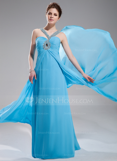 Empire V-neck Sweep Train Chiffon Evening Dress With Ruffle Beading (017004349)