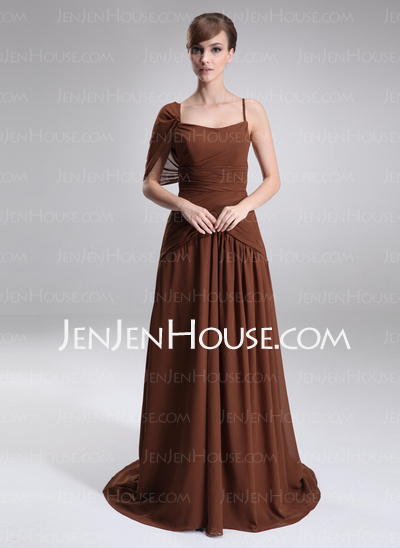 A-Line/Princess Scoop Neck Chapel Train Chiffon Charmeuse Oscar Style Dresses With Ruffle (028005025)